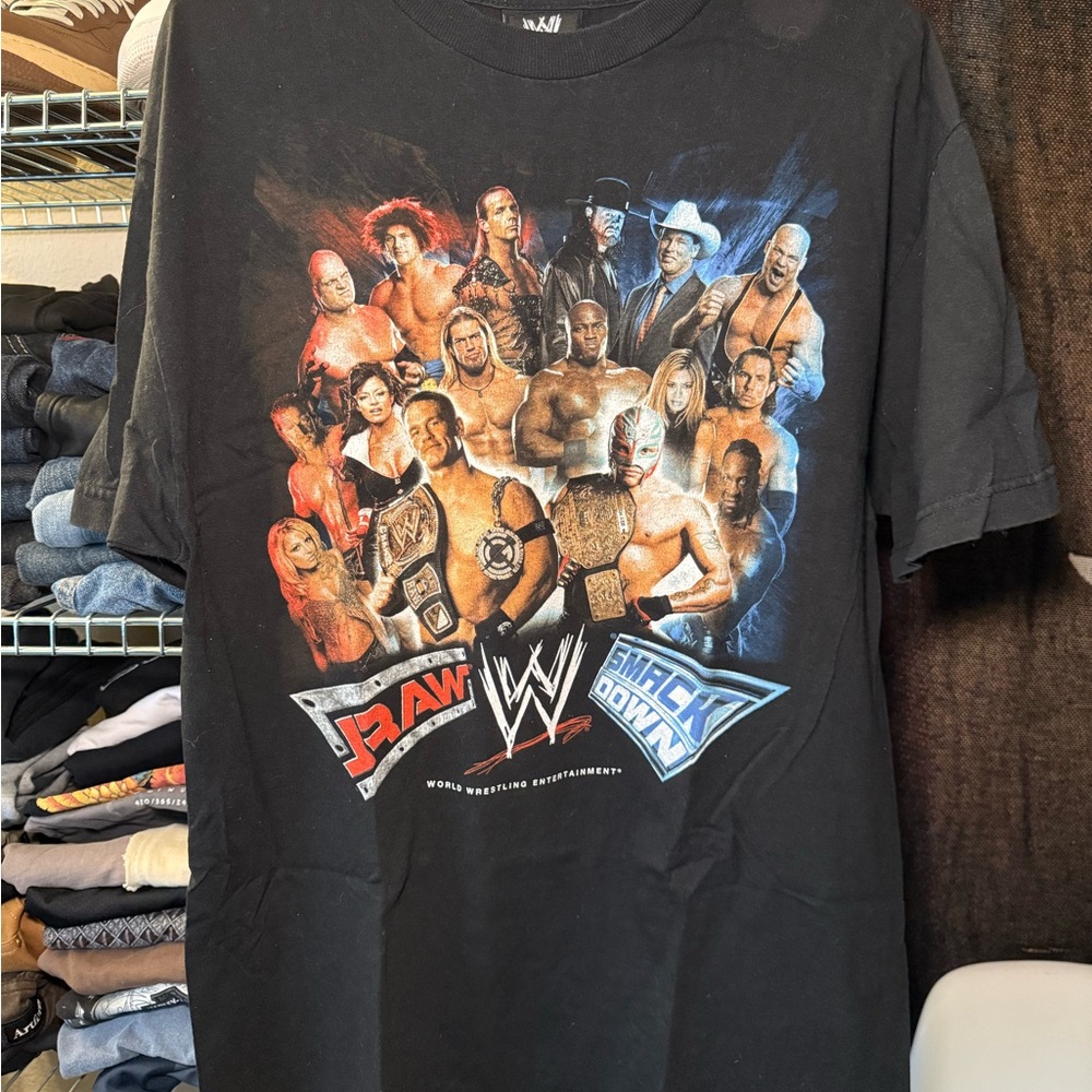 WWE 2007 Black Tee with Colorful Wrestler Graphics